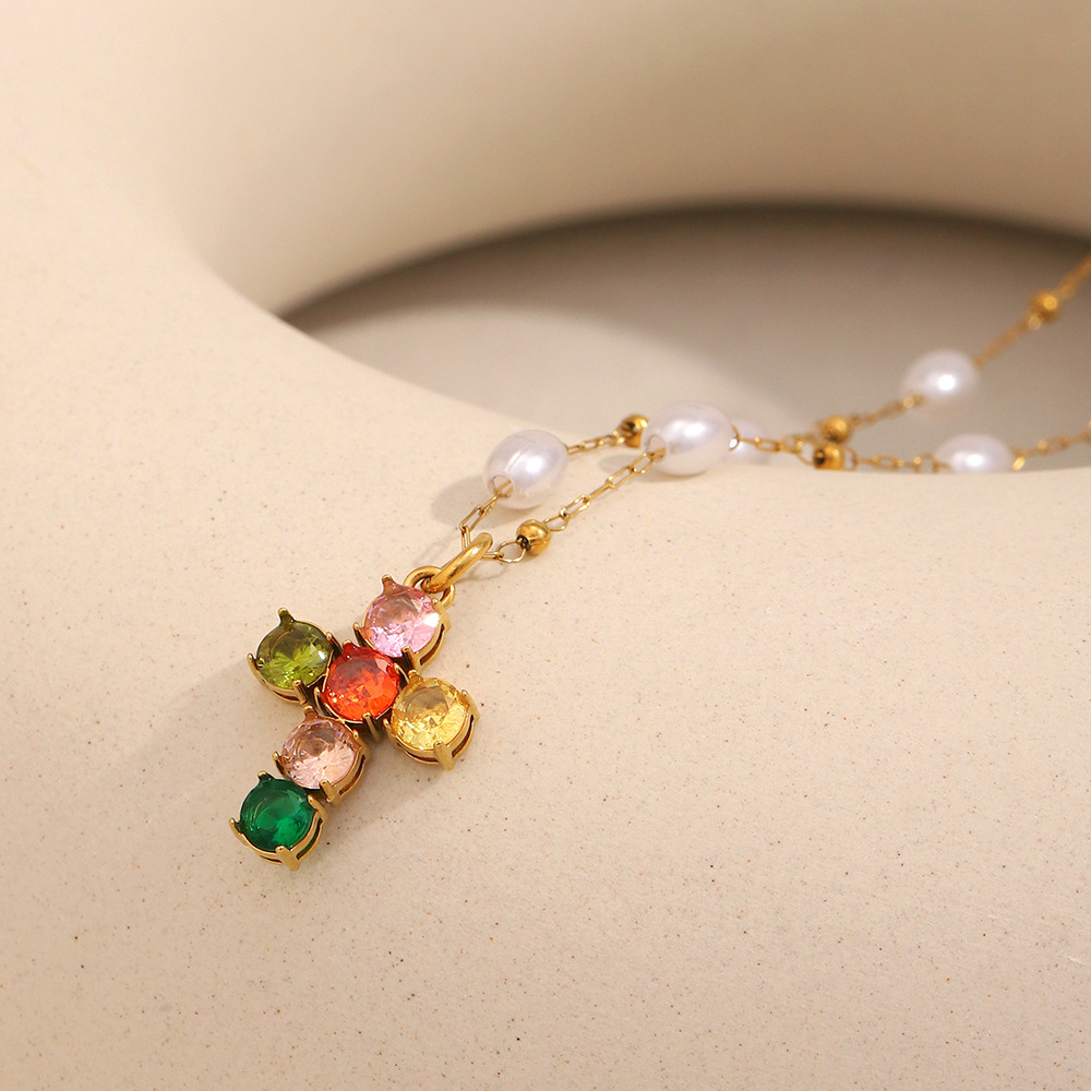 Collier Croix Femme En Acier Inoxydable Étanche, Collection Light Luxury h5Image2