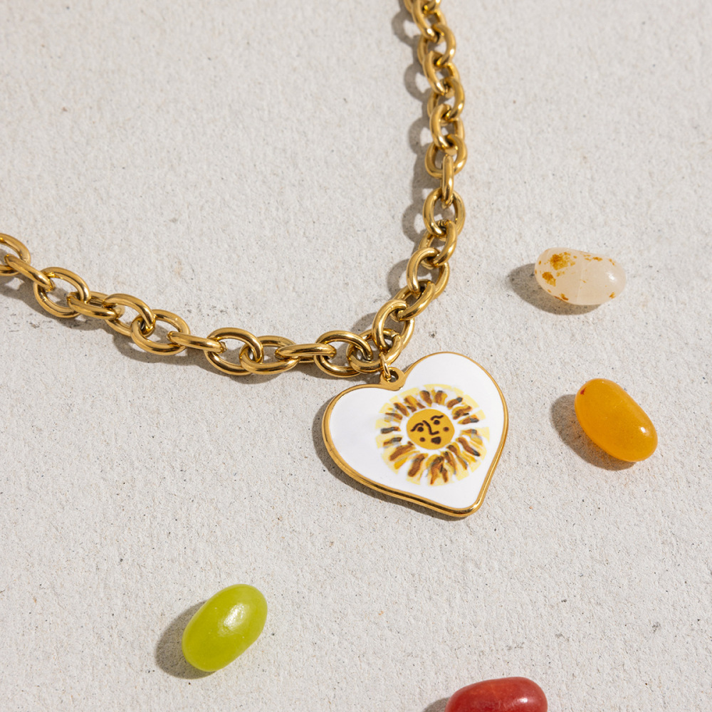 Collier Pendentif Femme En Acier Inoxydable Doré, Couleur Or, Motif Soleil Peint (1 Pièce) - Collection Classique Image9