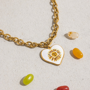 Collier Pendentif Femme En Acier Inoxydable Doré, Couleur Or, Motif Soleil Peint (1 Pièce) - Collection Classique h5 Image9