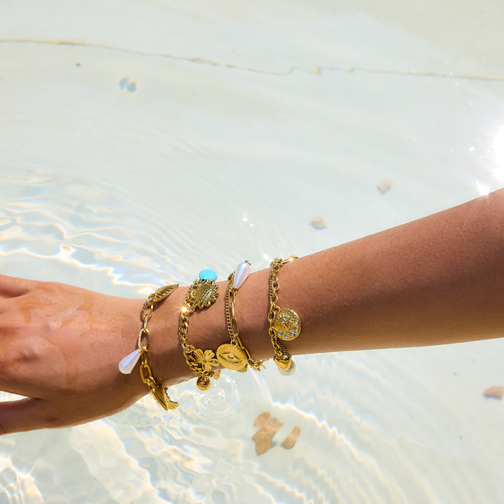 Bracelet À Breloques Pour Femme, Motif Cœur De Vacances, En Acier Inoxydable, Étanche, Couleur Or (1 Pièce). h5Image4