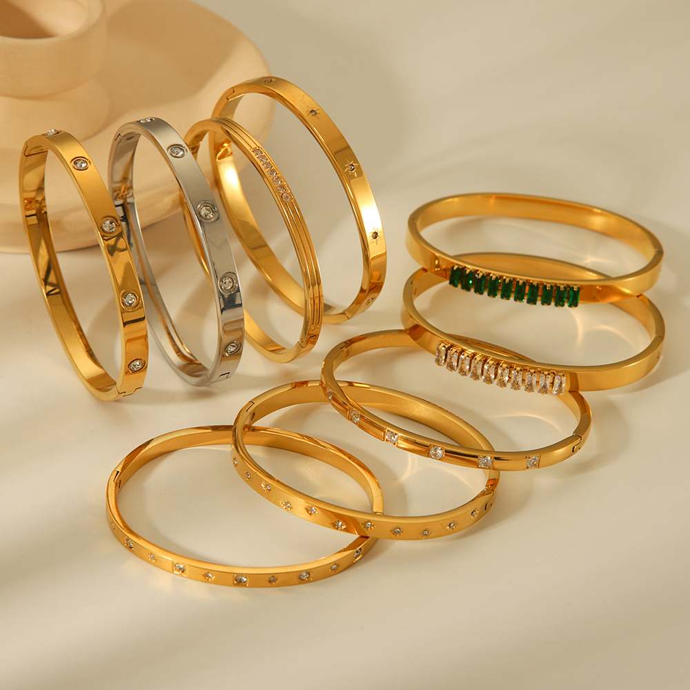 1 Paire De Bracelets Pour Femmes, Collection Simple Series, Géométriques, Quotidiens, En Acier Inoxydable, Étanches, Couleur Or, Ornés De Zircon. Image8