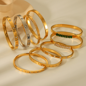 1 Paire De Bracelets Pour Femmes, Collection Simple Series, Géométriques, Quotidiens, En Acier Inoxydable, Étanches, Couleur Or, Ornés De Zircon. h5 Image8