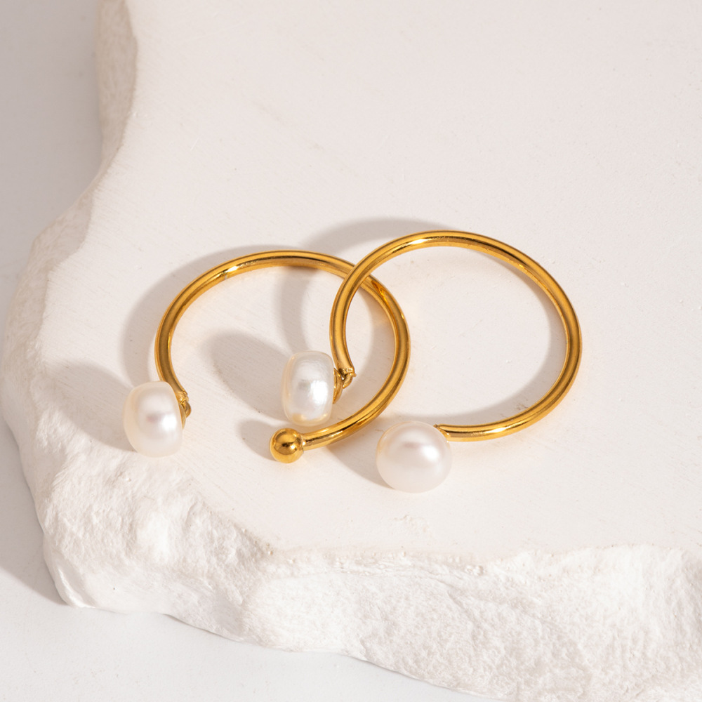 Bague Ajustable Simple En Acier Inoxydable Étanche Couleur Or Avec Perle (1 Pièce) Image3