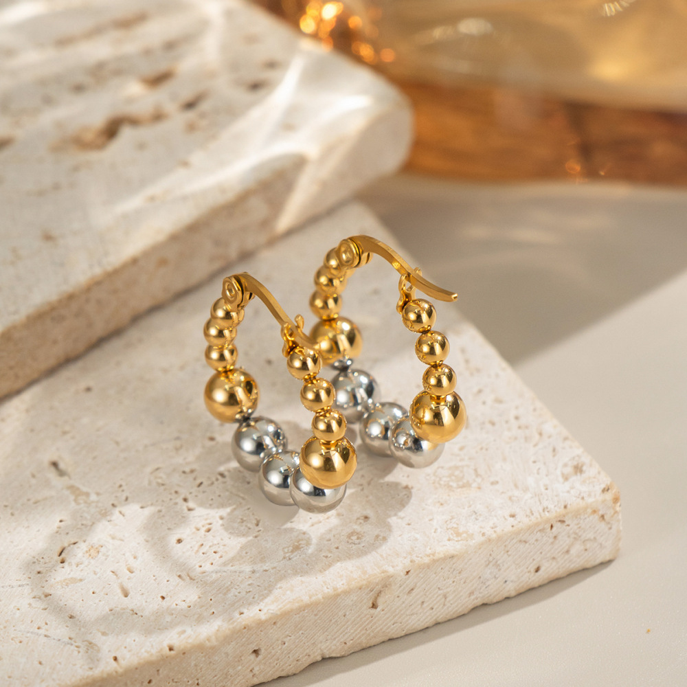 1 Paire De Boucles D'Oreilles Créoles En Acier Inoxydable Étanches, De Couleurs Assorties Et Ornées De Perles. Image2