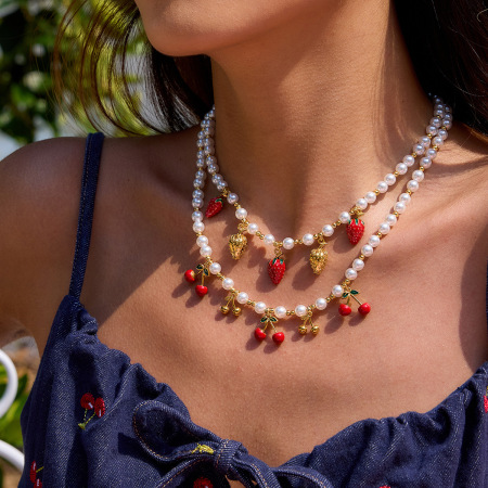 Collier Pendentif Romantique Pour Femme, En Acier Inoxydable, Couleur Or, Motif Cerise (1 Pièce)