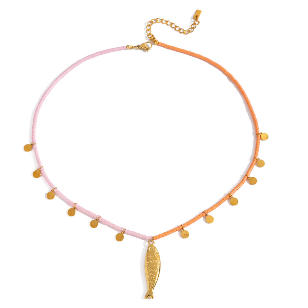 Collier Pendentif Femme En Acier Inoxydable Doré, Motif Poisson, 1 Pièce
