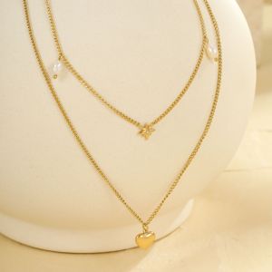 Colliers Superposés Pour Femmes, Collection Simple Series Daily Heart, En Acier Inoxydable Étanche, Couleur Or h5 Image4