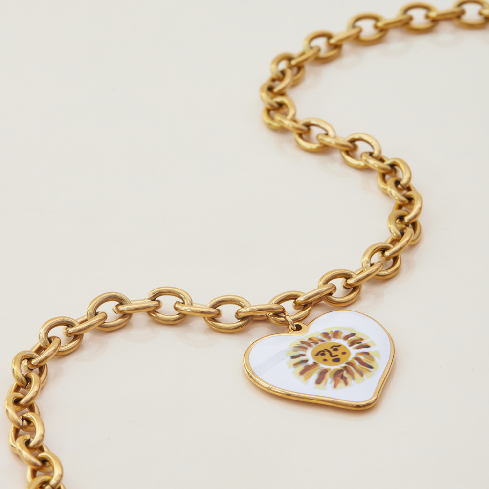 Collier Pendentif Femme En Acier Inoxydable Doré, Couleur Or, Motif Soleil Peint (1 Pièce) - Collection Classique Image8