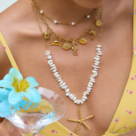 Collier pendentif femme en acier inoxydable, couleur or, avec étoile de mer surdimensionnée (1 pièce)