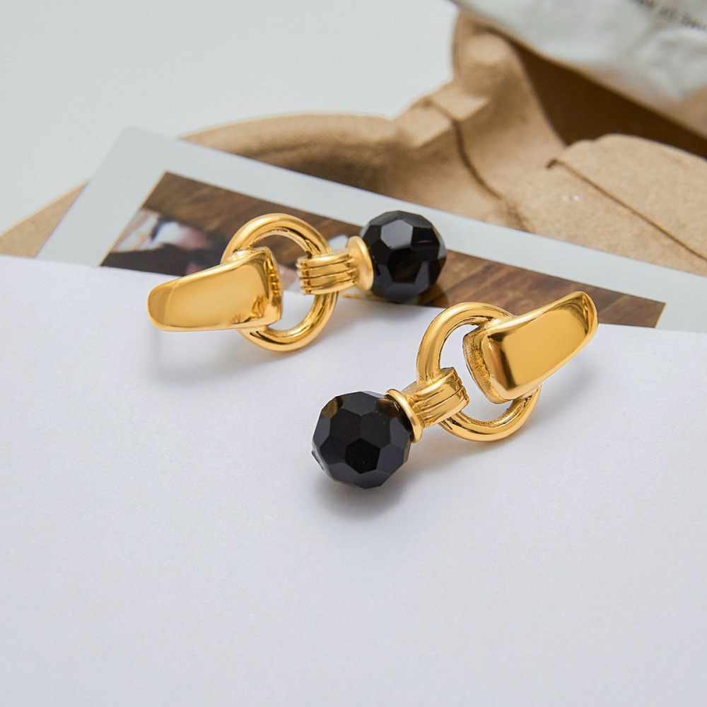 1 Paire De Boucles D'Oreilles Pendantes Pour Femme, Style Géométrique Rétro Classique, En Acier Inoxydable Étanche Couleur Or Avec Pierre Naturelle h5Image3