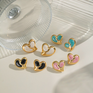 1 Paire De Boucles D'Oreilles Puces En Acier Inoxydable Émaillé Doré, En Forme De Cœur h5 Image2