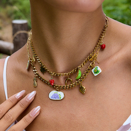 Collier pendentif femme en acier inoxydable doré, motif fruits romantiques (1 pièce) 2
