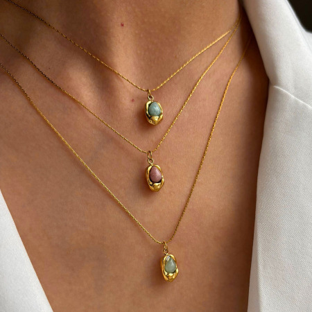 Collier pendentif en acier inoxydable étanche couleur or avec pierre naturelle (1 pièce) 2