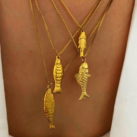 Collier pendentif en acier inoxydable doré, 1 pièce, en forme de poisson