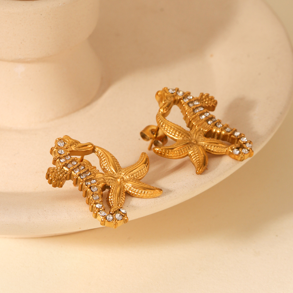 Boucles D'Oreilles Puces Pour Femmes, Motif Animal Simple, En Acier Inoxydable, Étanches, Couleur Or Et Zircon. Image5