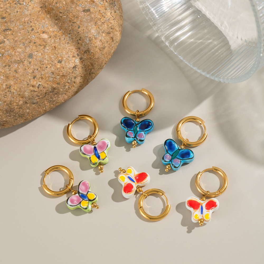 1 Paire De Boucles D'Oreilles Pendantes Romantiques En Acier Inoxydable Doré, Étanches, En Forme De Papillon Image3