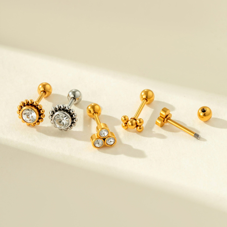 Boucles d'oreilles piercing femme, simples, annulaires, en acier inoxydable, étanches, couleur or, avec zircon (1 pièce). 2