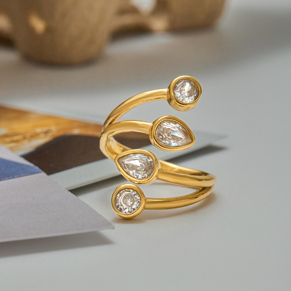 Bague Pour Femme En Acier Inoxydable Doré, Imperméable, Ornée D'Une Pierre Précieuse Et Ornée D'Une Goutte D'Eau. h5Image3