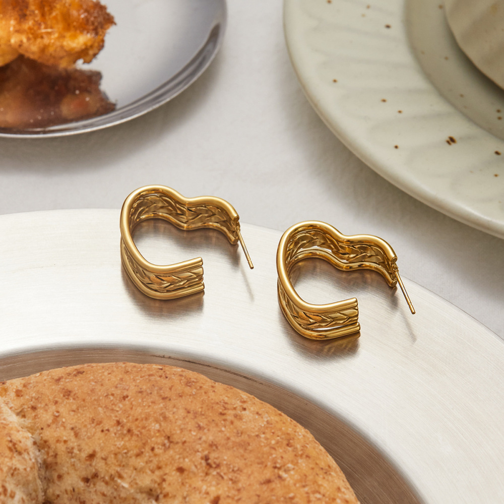 1 Paire De Boucles D'Oreilles Créoles Romantiques En Forme De Cœur, En Acier Inoxydable Étanche, Couleur Or, Pour Femme Image3