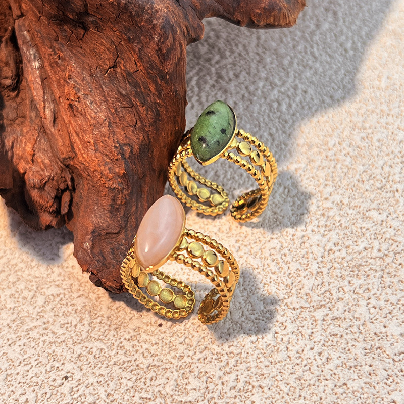 Bague En Acier Inoxydable Doré, Ornée D'Une Pierre Naturelle (1 Pièce) Image2