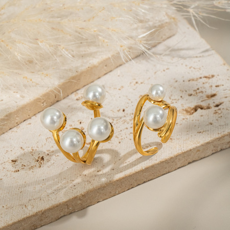 Bague statement en acier inoxydable étanche, couleur or, avec perle (1 pièce)