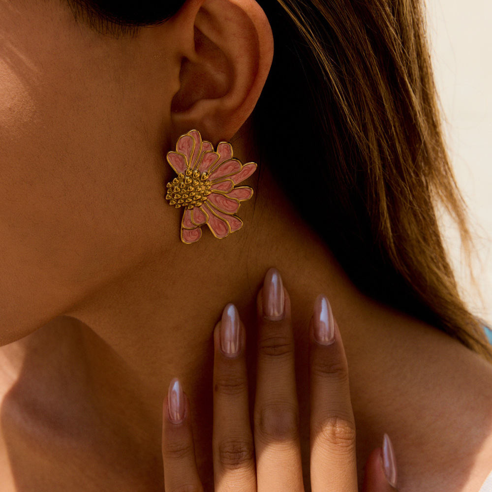 1 Paire De Boucles D'Oreilles Puces Pour Femme, Motif Fleurs Douces, En Acier Inoxydable Étanche, Couleur Or, Série Colorée Image6