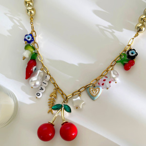 Collier Pendentif En Acier Inoxydable Doré, Couleur Cerise, 1 Pièce h5 Image4