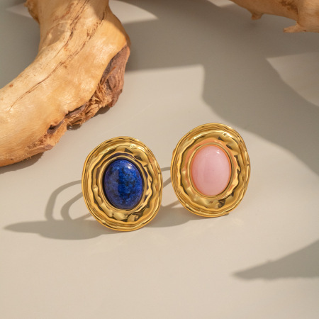Bague en acier inoxydable étanche couleur or avec pierre naturelle (1 pièce)