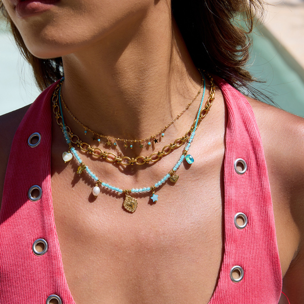 Collier Pendentif Femme En Acier Inoxydable Bleu, Couleur Or, Avec Pendentif Cœur Délicat (1 Pièce) Image4