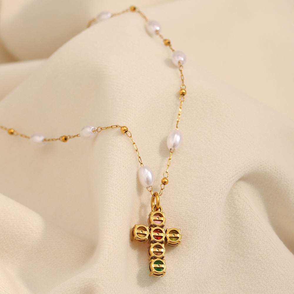 Collier Croix Femme En Acier Inoxydable Étanche, Collection Light Luxury h5Image3