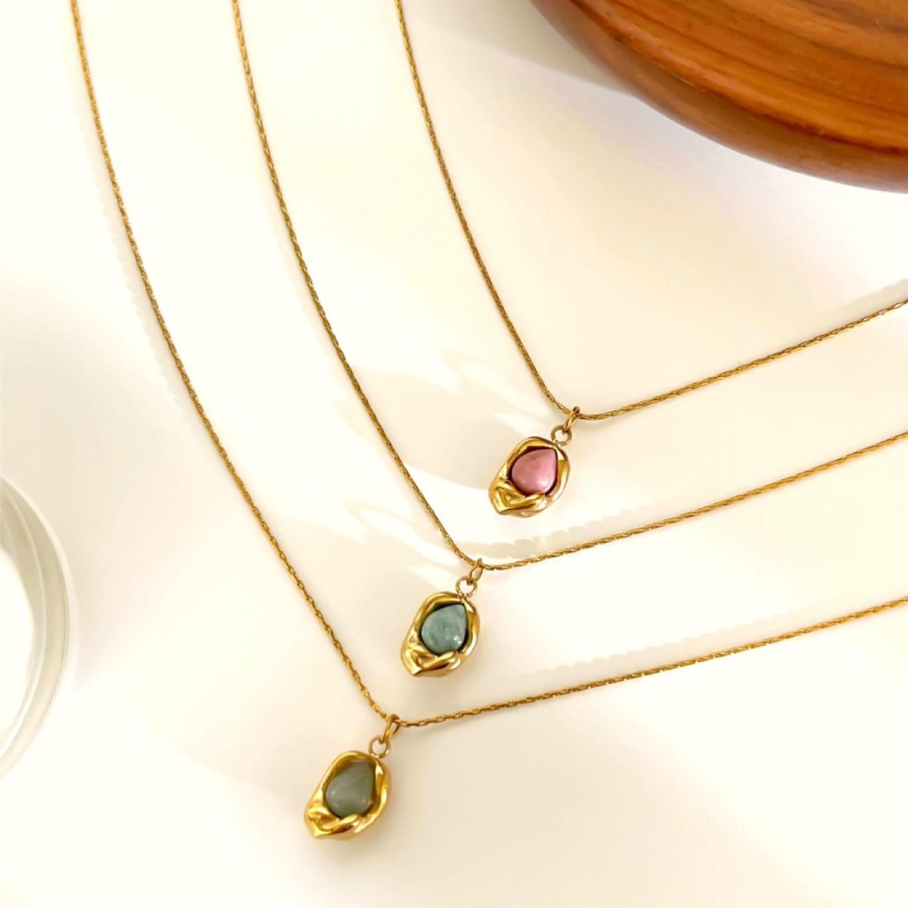 Collier Pendentif En Acier Inoxydable Étanche Couleur Or Avec Pierre Naturelle (1 Pièce) Image4