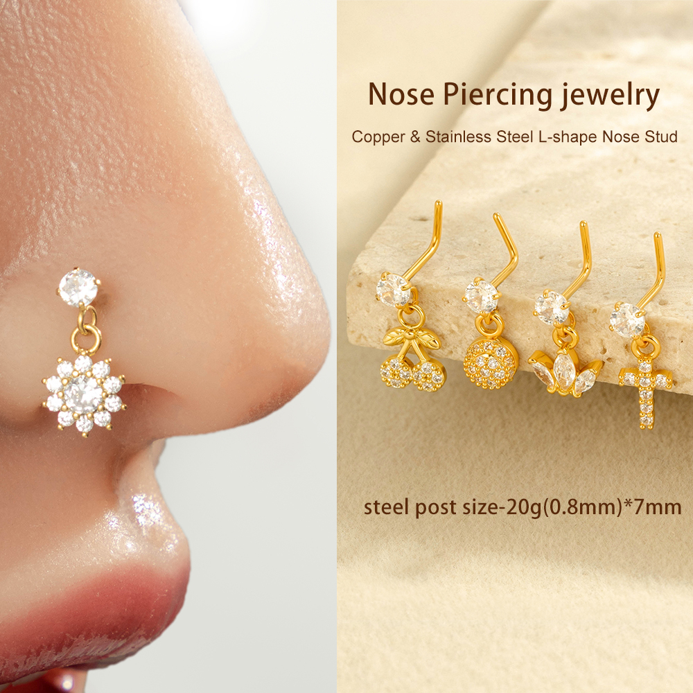 Piercing De Nez Pour Femme, Série Simple, Croix Simple, Cuivre, Couleur Or, Zircone h5Image5
