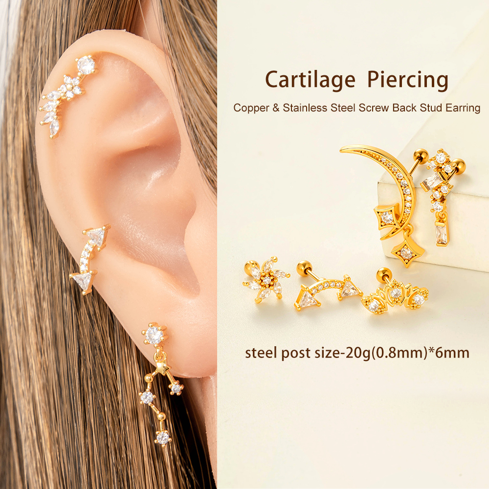 Boucles D'Oreilles Piercing Géométriques Simples En Cuivre Et Zircon Pour Femme, 1 Pièce Image4