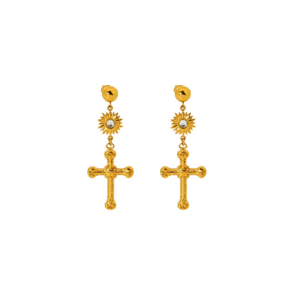 Boucles D'Oreilles Puces Pour Femmes, Style Rétro Croix Classique, En Acier Inoxydable Étanche Image5