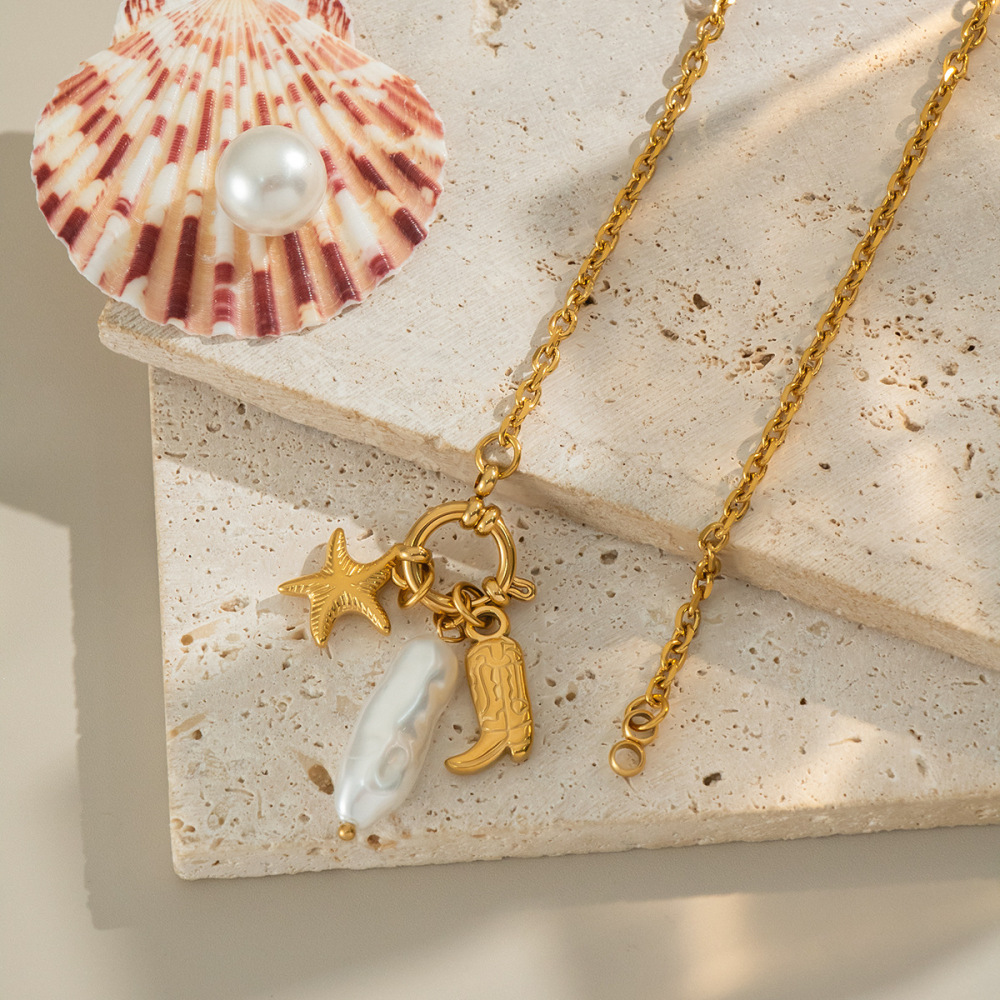 Collier Pendentif En Forme D'Étoile De Mer, En Acier Inoxydable Étanche, Couleur Or, Avec Perle (1 Pièce) Image2