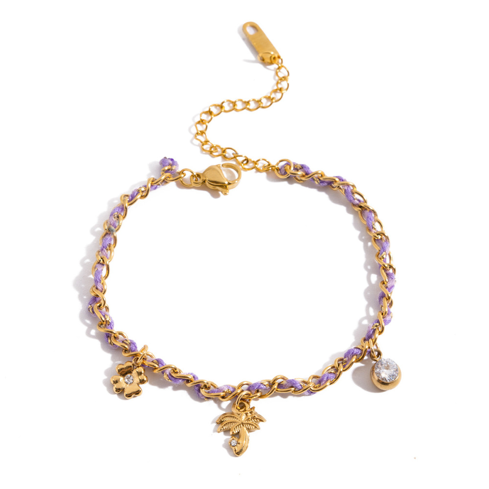 Bracelet Tressé Pour Femme, Couleur Or, En Acier Inoxydable, Imperméable, Motif Palmier De Coco Violet (1 Pièce).
