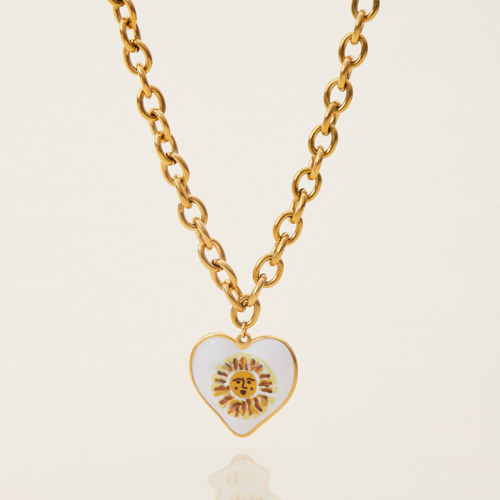 Collier Pendentif Femme En Acier Inoxydable Doré, Couleur Or, Motif Soleil Peint (1 Pièce) - Collection Classique Image5