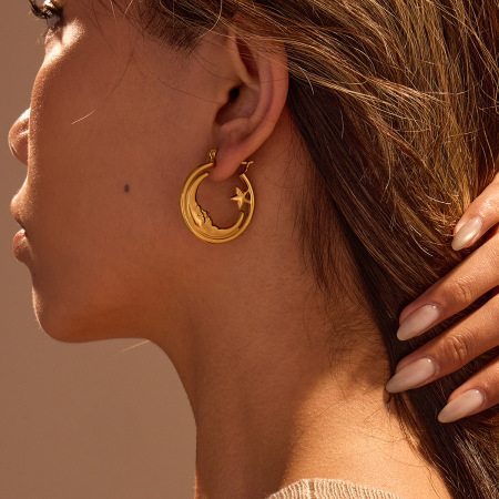 Boucles d'oreilles créoles simples pour femmes, en acier inoxydable, étanches, motif soleil/lune