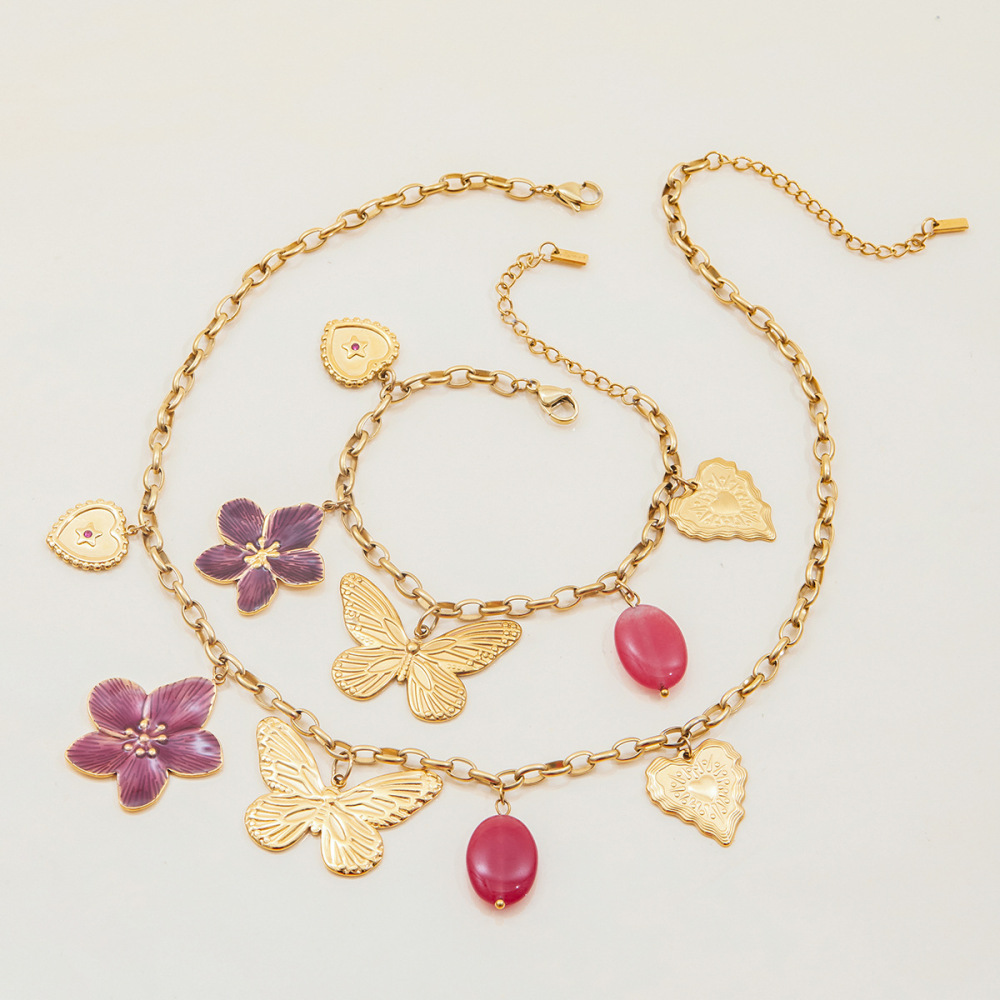 Collier Pendentif Femme En Acier Inoxydable Étanche Couleur Or, Orné D'Une Douce Fleur Et D'Un Papillon (1 Pièce) Image7