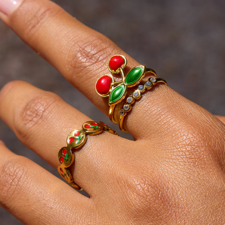 Bague statement en acier inoxydable doré, couleur cerise, 1 pièce