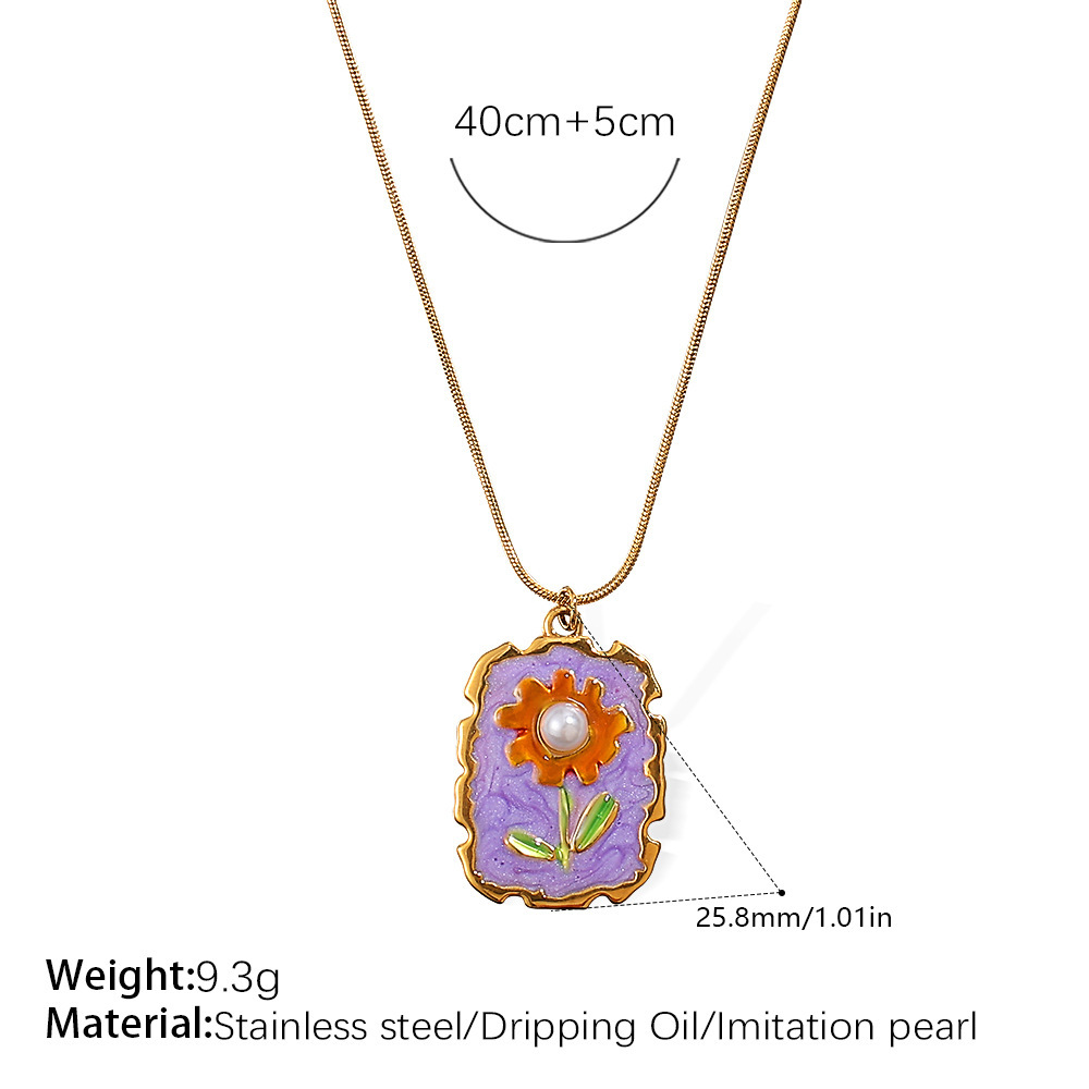 Collier Pendentif En Acier Inoxydable Doré, Couleur Or, Avec Fleur Émaillée (1 Pièce)