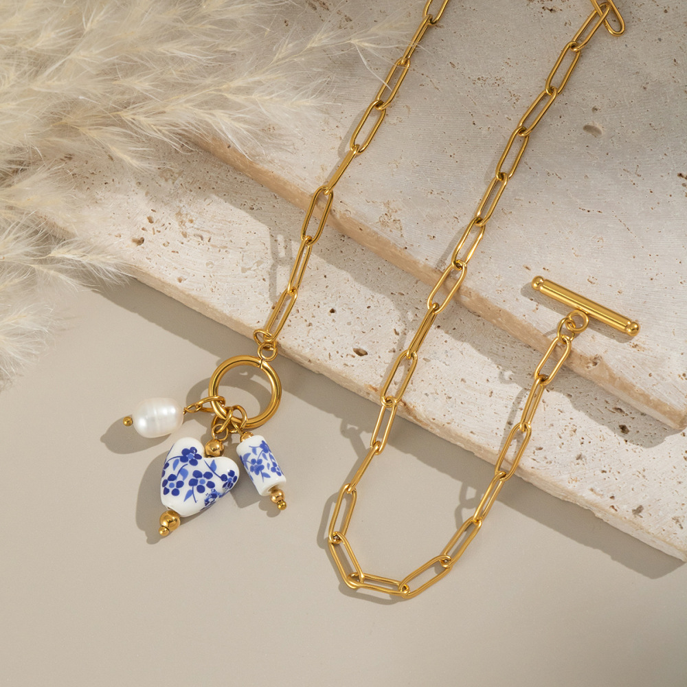 Collier Pendentif En Acier Inoxydable Doré, 1 Pièce, Fleur En Céramique Image4