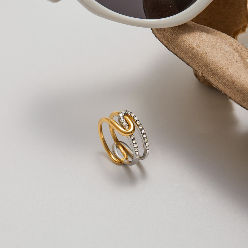 Bague Pour Femme En Acier Inoxydable Doré, Style Géométrique Classique, Étanche, Ornée De Pierres Précieuses (1 Pièce), Collection De Luxe. h5Image6