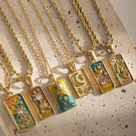 Collier pendentif rétro tarot en acier inoxydable étanche couleur or (1 pièce) 2