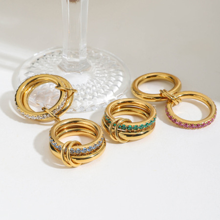 Bague pour femme, collection de luxe, classique, annulaire, en acier inoxydable, étanche, couleur or, sertie de pierres précieuses (1 pièce).