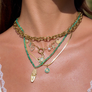 Collier Pendentif Femme En Acier Inoxydable, Couleur Or, Avec Tortue Verte Naturelle (1 Pièce) h5 Image6