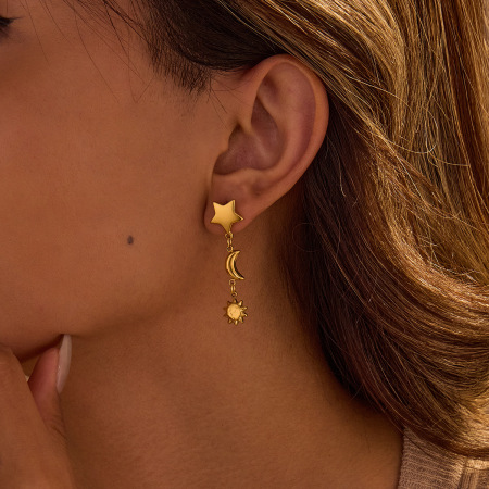 Boucles d'oreilles pendantes pour femmes, motif soleil et lune, en acier inoxydable étanche, couleur or