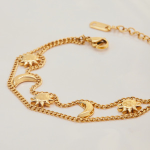 Bracelet Chaîne Femme Rétro Soleil Et Lune En Acier Inoxydable Étanche Couleur Or (1 Pièce) h5 Image4