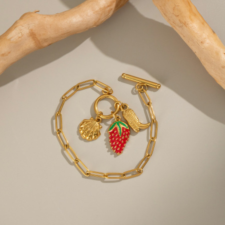 Bracelet à breloques en acier inoxydable doré, couleur fraise (1 pièce) 2
