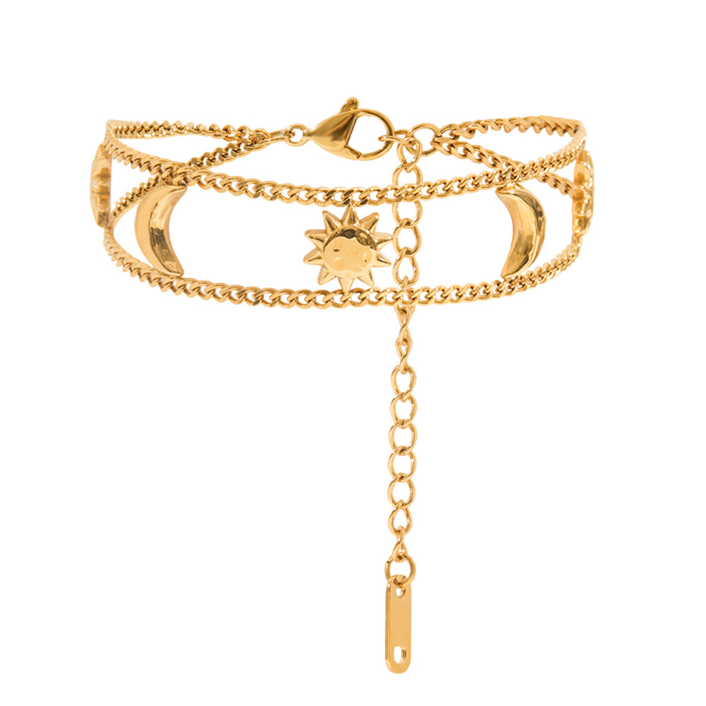 Bracelet Chaîne Femme Rétro Soleil Et Lune En Acier Inoxydable Étanche Couleur Or (1 Pièce) 